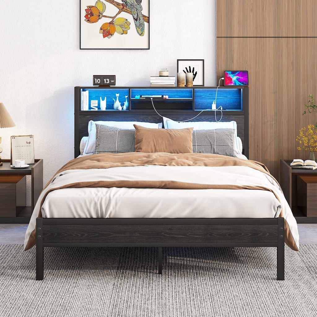 Full Size Metal Platform Bed with Storage Headboard and Charging Station, RGB LED Lighting, Under-Bed Storage, Noise-Free Design
