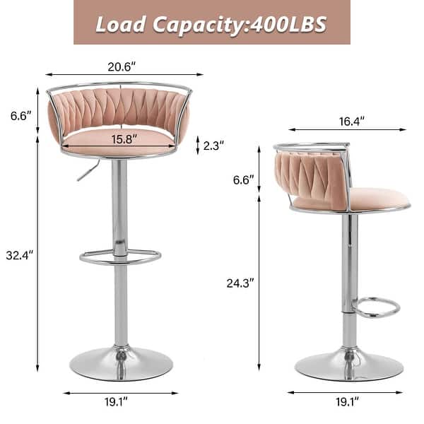 dimension image slide 7 of 24, Modern Velvet Adjustable Swivel Bar Stools Set of 2