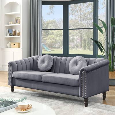 Grey Modern Velvet Sofa Couch, 3 Seat Couch Upholstered Tufted Back ...