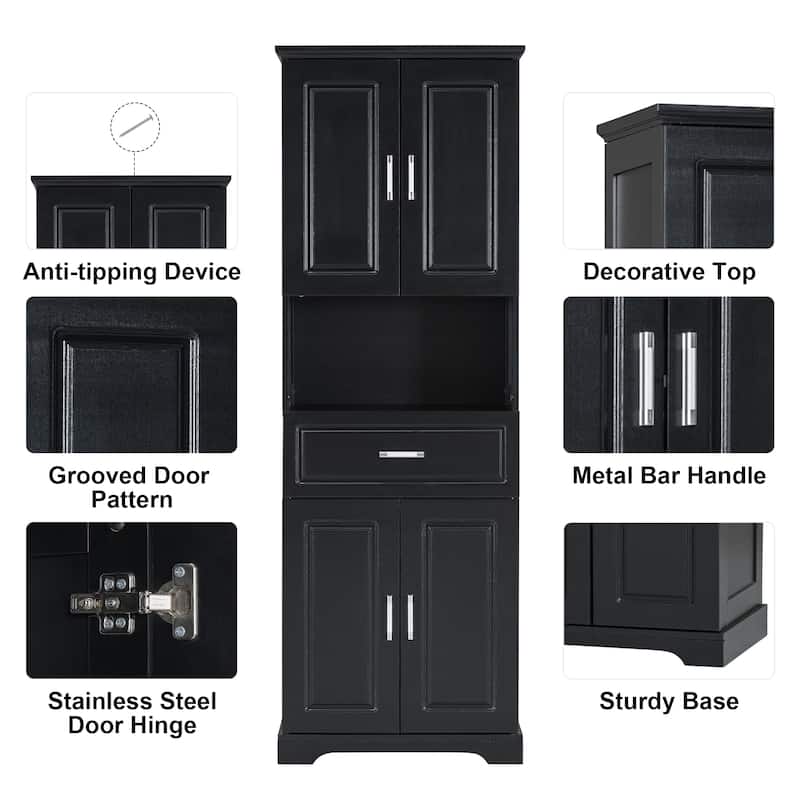 GDFStudio - Oliver Tall Bathroom Cabinet with Four Doors, Open Shelf, and Adjustable Storag
