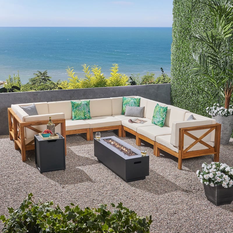 Thasos Outdoor Farmhouse Acacia Wood 8 Seater U-Shaped Sectional Sofa Set with Fire Pit by Christopher Knight Home - teak finish + dark gray + beige cushion