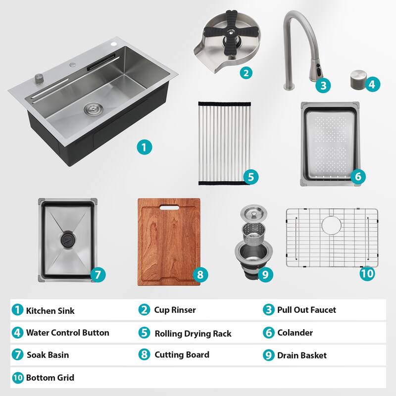 31.5 Inch Drop-in Single Bowl 16 Gauge Stainless Steel Kitchen Sink with Pull-Down Faucet - 31.5'' x 21'' x 9.4''