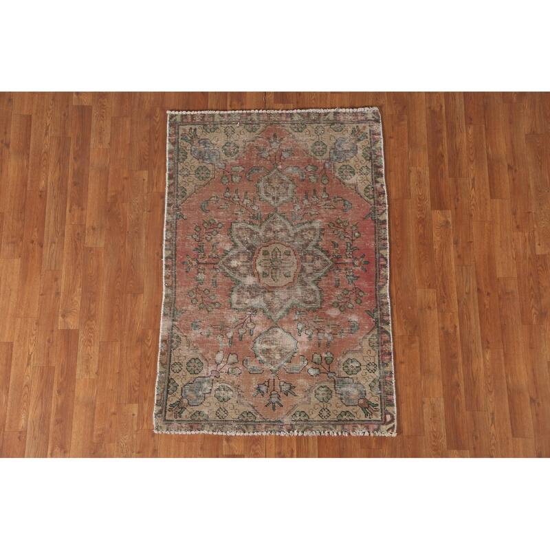 Distressed Tabriz Persian Accent Rug Handmade Wool Carpet - 3'1"x 4'7"
