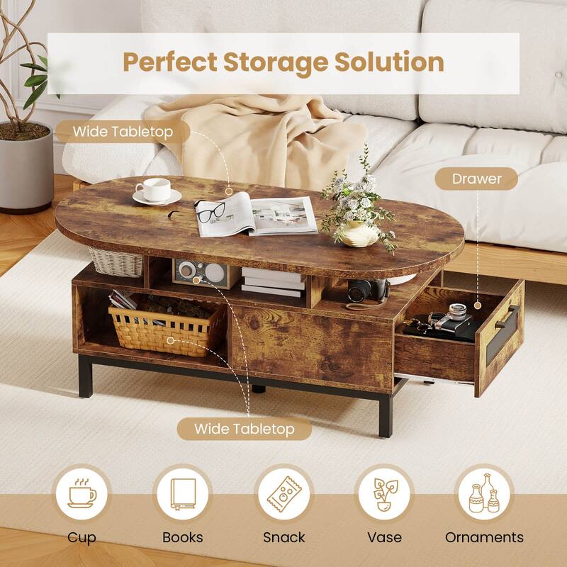 Costway 47” Oval Top Coffee Table with 4 Open Compartments & Drawer, 5 - See Details