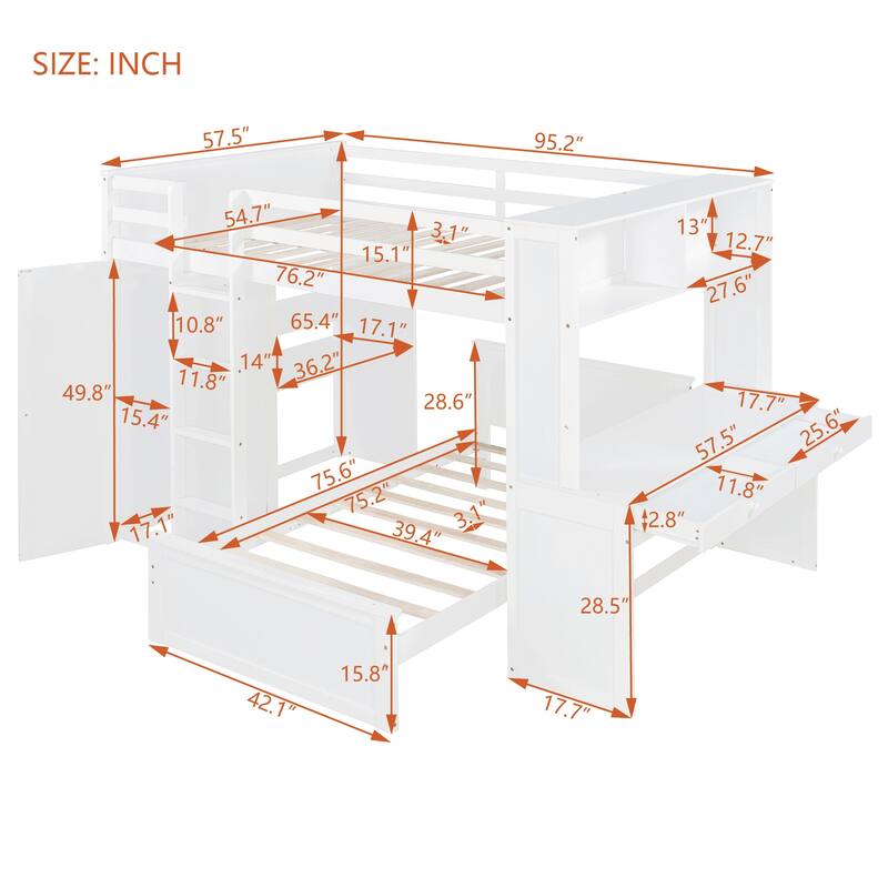 Twin/Full Loft Bed with Stand-Alone Bed, Desk, Shelves & Wardrobe, Wooden Frame with Storage and Guardrail
