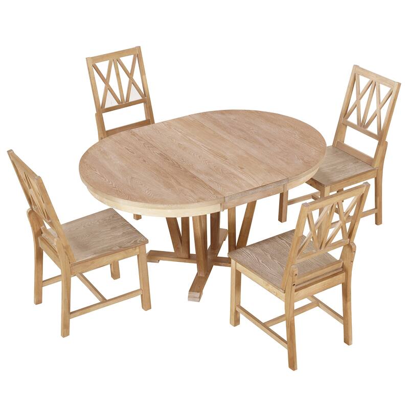 Solid Wood Extendable Round Table and X Back Chairs 5-piece Dining Set