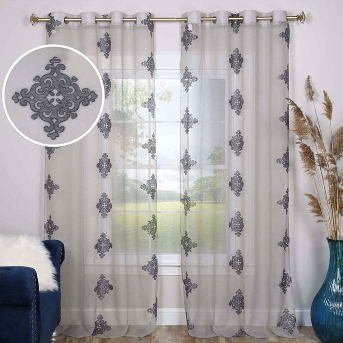 Superior Damask Grommet Sheer Window Curtain Panels (Set of 2) - 52x108 - Charcoal