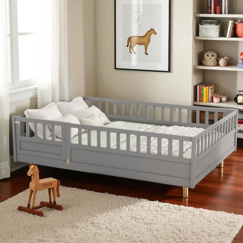 Montessori Twin/Full Size Wooden Floor Bed with Safety Fence and Door, Low Platform Bed Frame for Kids Toddlers