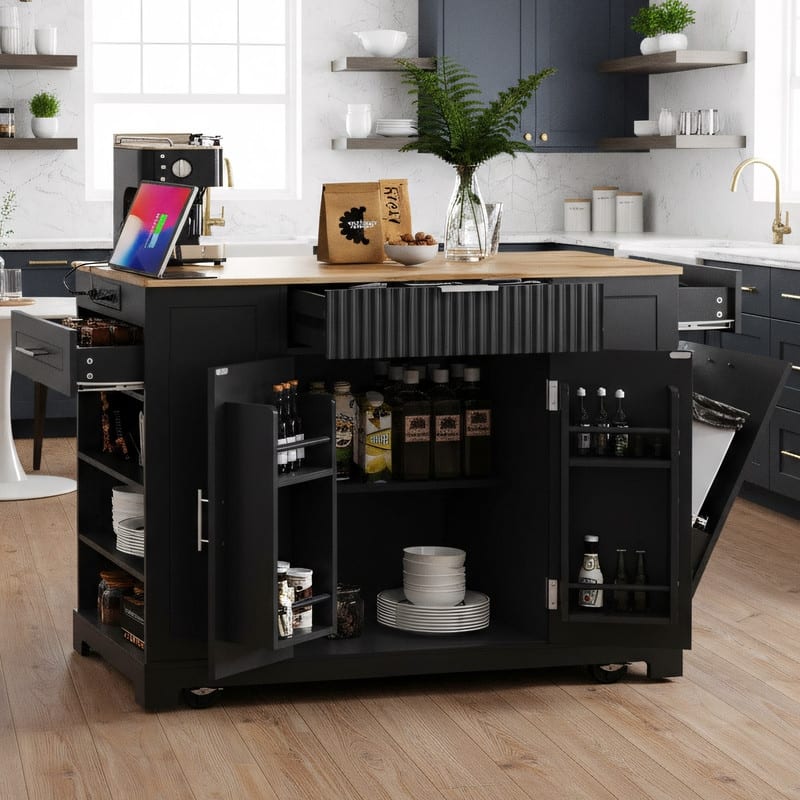Rolling Kitchen Islands on 5 Wheels with 3 Drawer, 3 Open Side Racks for 10 Gallon Garbage Bin