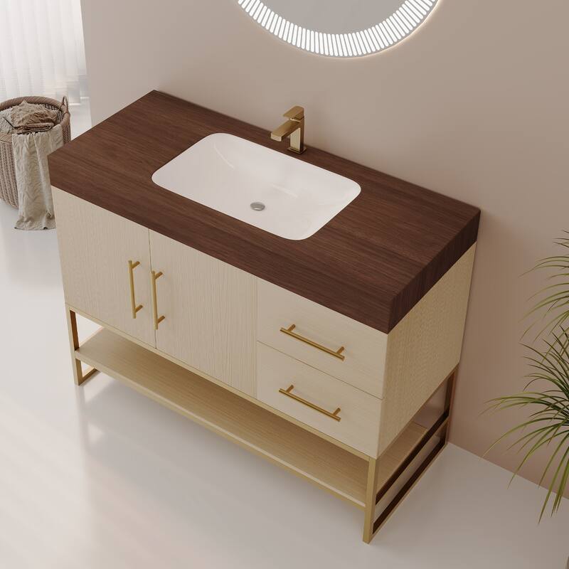 36" Modern Bathroom Vanity - Free Standing with Seamless Ceramic Sink & Gold Accent