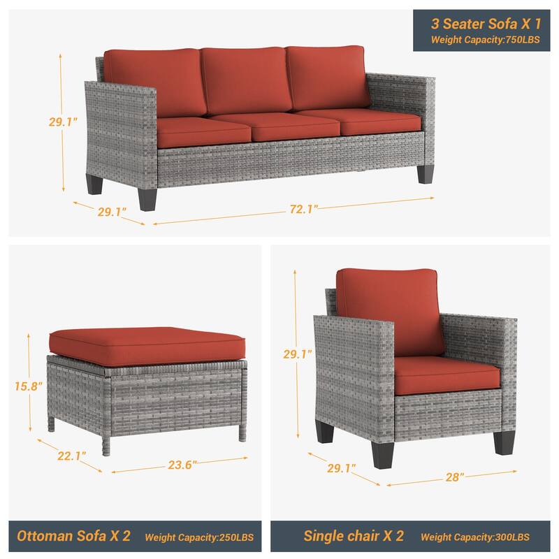 LIVOOSUN 5Pcs Patio Furniture Set Grey Rattan Coversation Seating Set