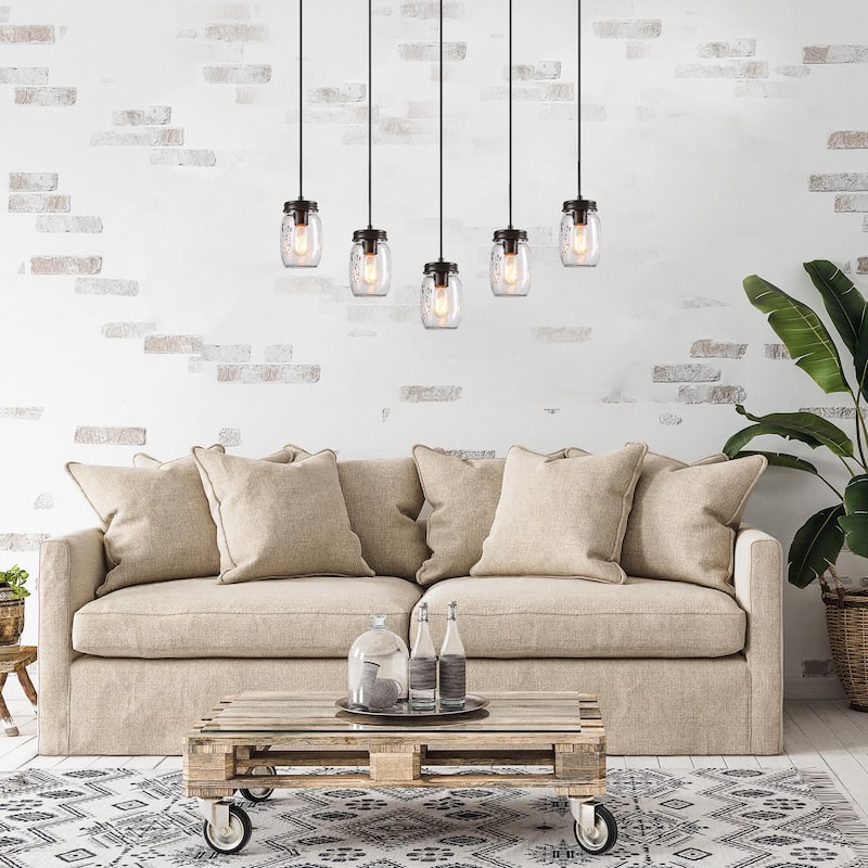 Farmhouse 5-Light Linear Glass Chandelier Wood Canopy Island Lights