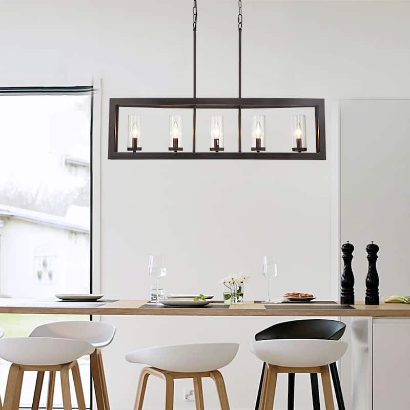 5-Light Modern Industrial Linear Chandelier for Dining Room Farmhouse Cylinder Clear Glass Chandelier Kitchen Island Lights