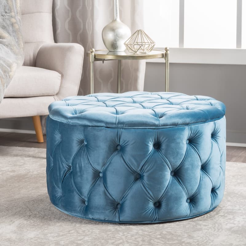 Orla Modern Glam Round Tufted Velvet Ottoman by Christopher Knight Home ...