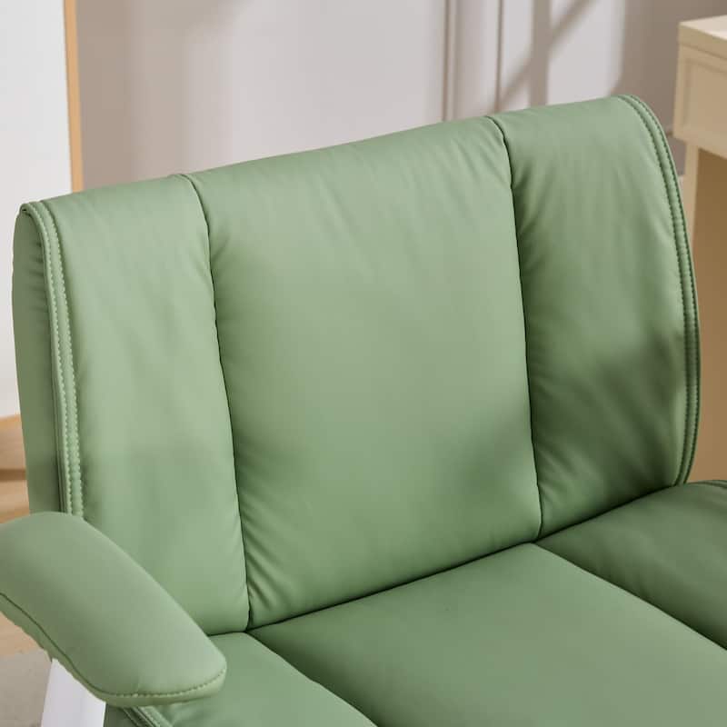 Green Leather Office Chair with Crossed Legs and Flip-Up Armrests