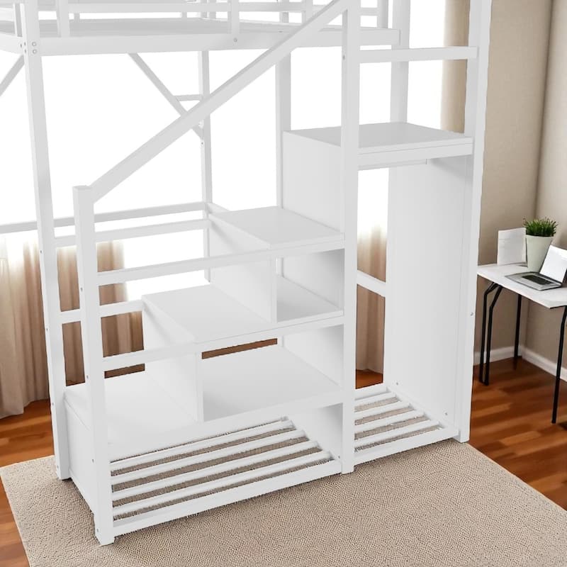 Full/Queen Metal Loft Bed with Stairs, Wardrobe, Mesh Shelf, White, 54.3 in Clearance, Guardrails, Kids Teens