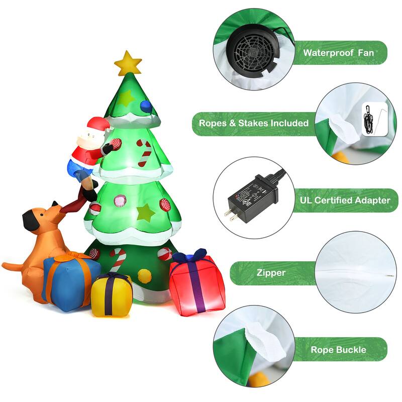 Costway 7 FT Inflatable Christmas Tree Santa Decor w/LED Lights - Green/Red/Yellow - 7 FT