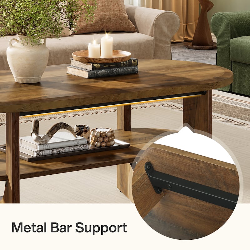 47.24" Farmhouse Wooden Oval Center Coffee Table with Storage