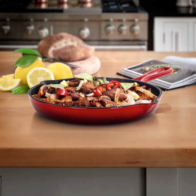 Enameled 10.25 Inch Cast Iron Skillet Dual Pour Spouts in Red