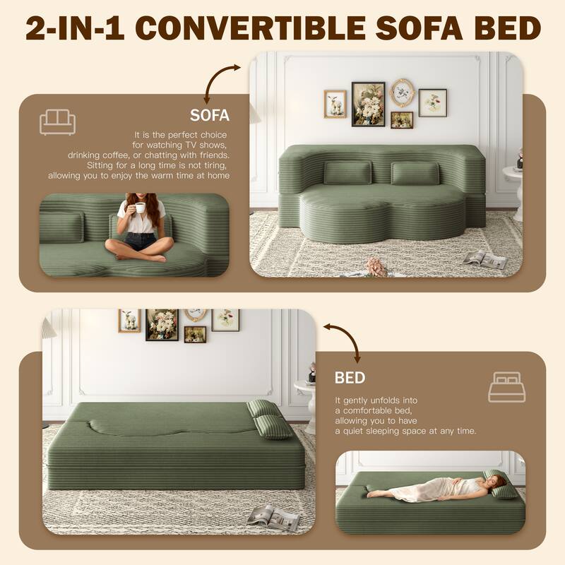 Modern 78.7" Floor Sofa With 2 Pillows For Small Pace Living Room, Convertible Sleeper Sofa Bed