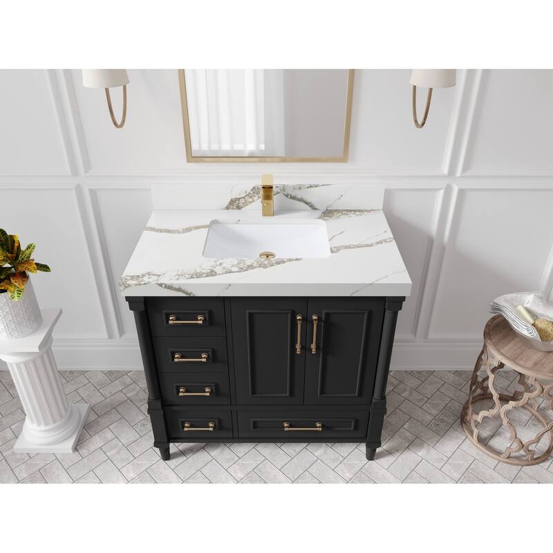 Willow Collections 36 in. W x 22 in. D Aberdeen Center Right Offset Sink Bathroom Vanity with Countertop - 2”Calacatta Gold - Black