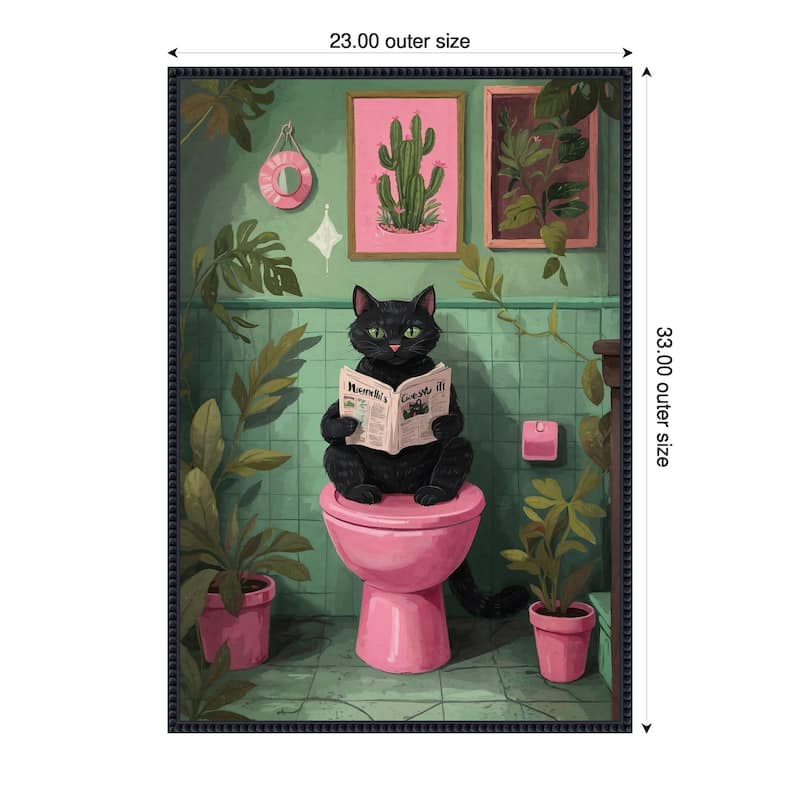 Bathroom Cat No 4 by The Art Concept Framed Canvas Wall Art Print - Sylvie Beaded Black - 23 x 33 in