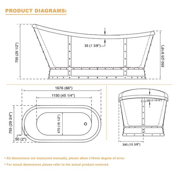66'' W,69 GALLONS Freestanding Acrylic Soaking Bathtub With Drain And Overflow Holes