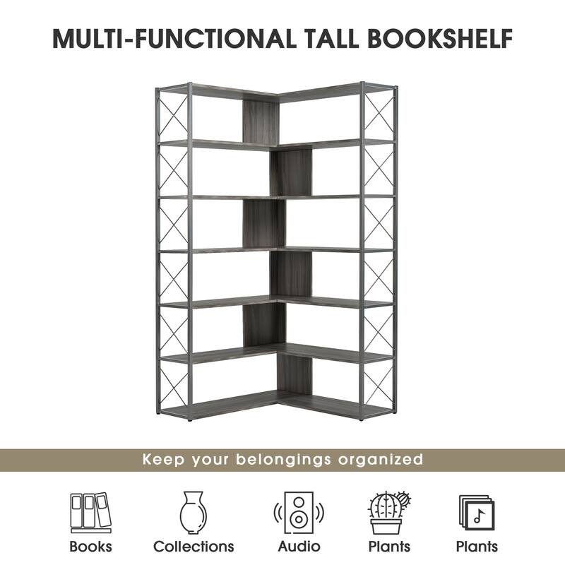 7-Tier Bookcase Home Office Bookshelf, L-Shaped Corner Bookcase with Metal Frame