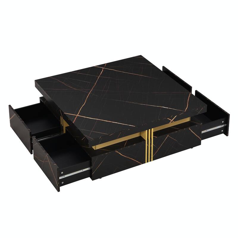 Modern Black Square Storage Coffee Table With 4 Wood Drawers