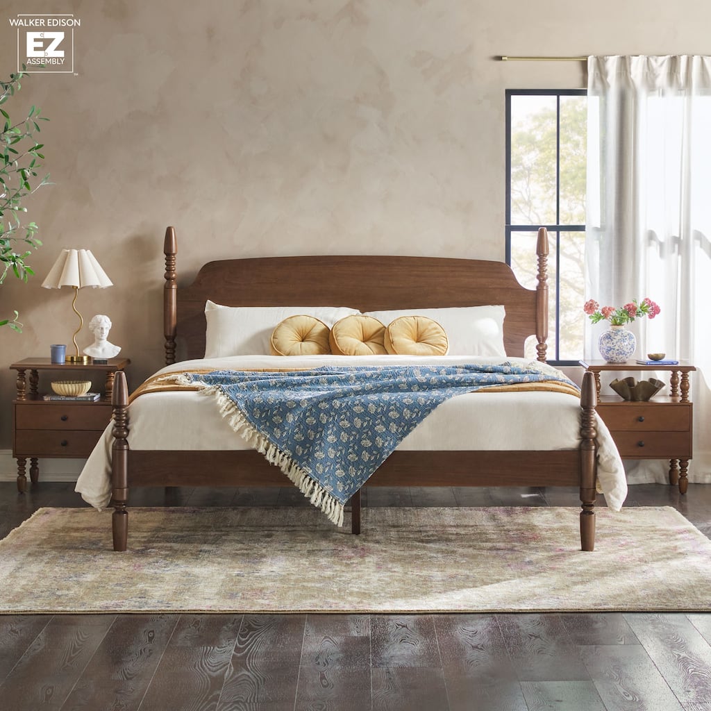 Walker Edison Easy Assembly Solid Wood King Bed with Wood-Turning Detail