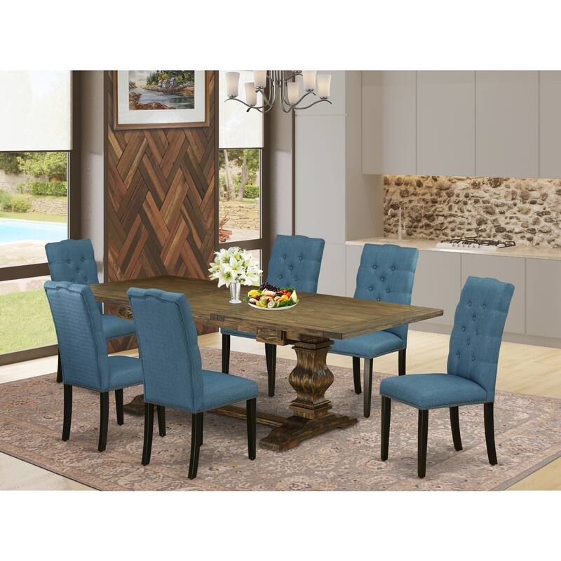 7-Piece Medieval Dining Set - Kitchen Table with 6 Linen Fabric Chairs - Distressed Jacobean Finish - 92