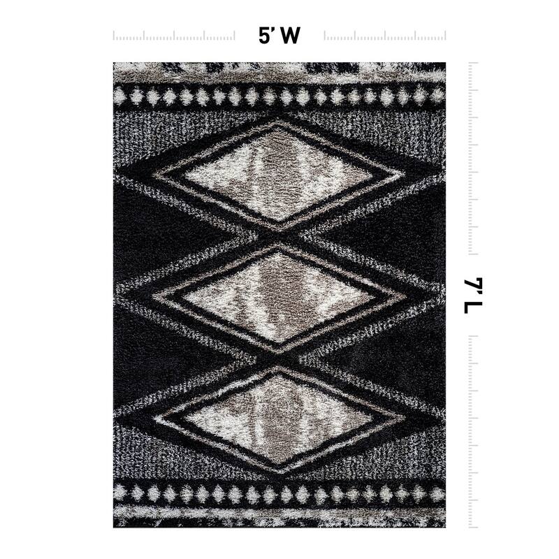 Geometric Grid Shag Rug - Anthracite Dark Gray - Medium Pile - Durable for Living Room, Bedroom, or Entryway