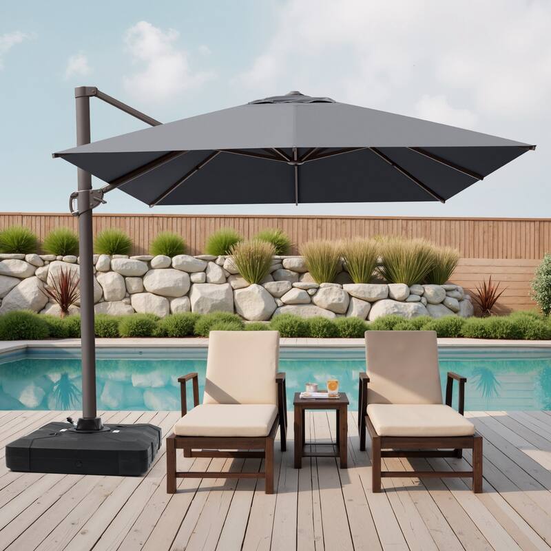 10 x 13 FT Outdoor Shade Canopy Patio Cantilever Offset Umbrella with Base - Dark Grey - Base with 4 wheels 