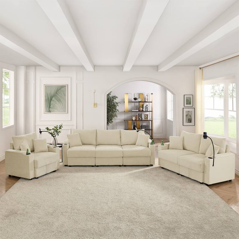 1+2+3 Seater Sofa Set Deep Seat Corduroy Upholstered Storage Couch with Removable Cushions, Cup Holders and Phone Stands