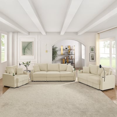 1+2+3 Seater Sofa Set Deep Seat Corduroy Upholstered Storage Couch with Removable Cushions, Cup Holders and Phone Stands