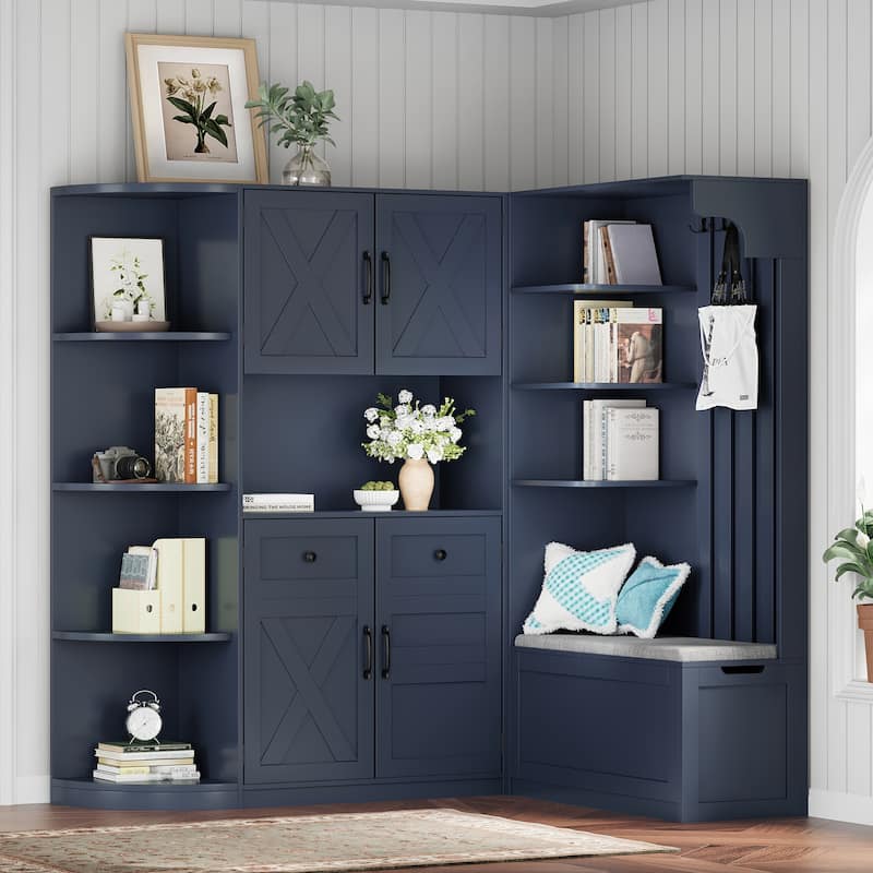 Multifunctional Left-Right Combination Hall Cabinet With Storage And 4 Hooks, Storage Cabinet/ Hall Tree 2 In 1