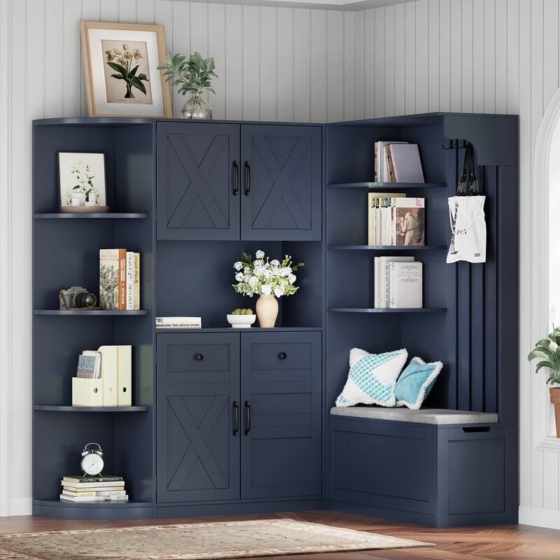 Roomfitters 2-in-1 Hall Tree and Storage Cabinet with Hooks and Shelves, Detachable Entryway Organizer for Living Room