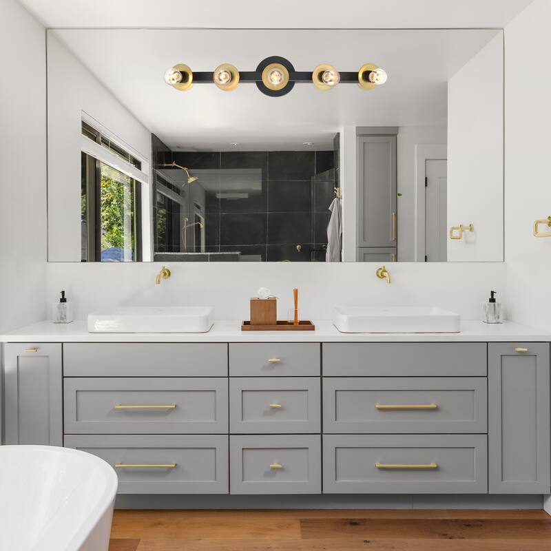 Harmoni 24.25 in. 5-Light Matte Black Vanity Light with Brushed Gold Disk Accents for Bathrooms
