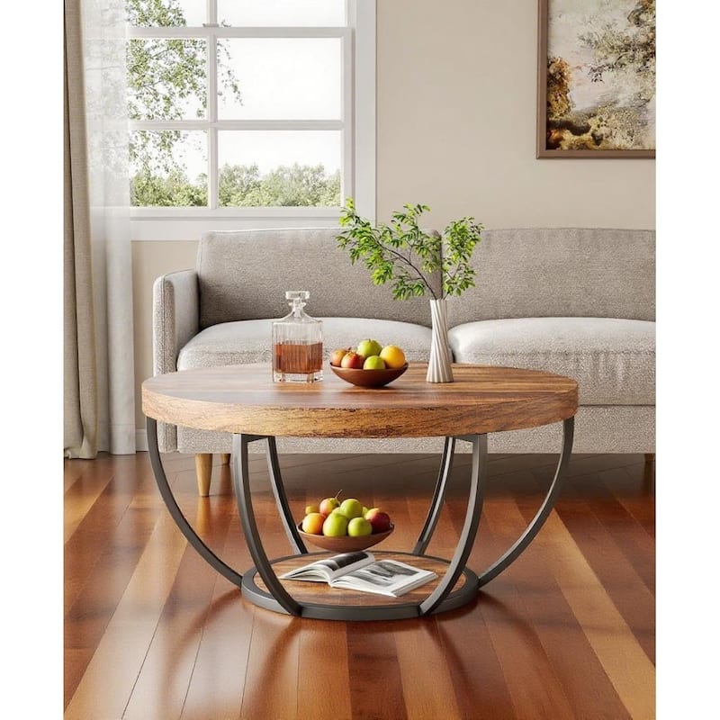 Engineered Wood Round Coffee Table with 2-Tier Metal Base - 31.69" L x 31.69" W x 17.32" H