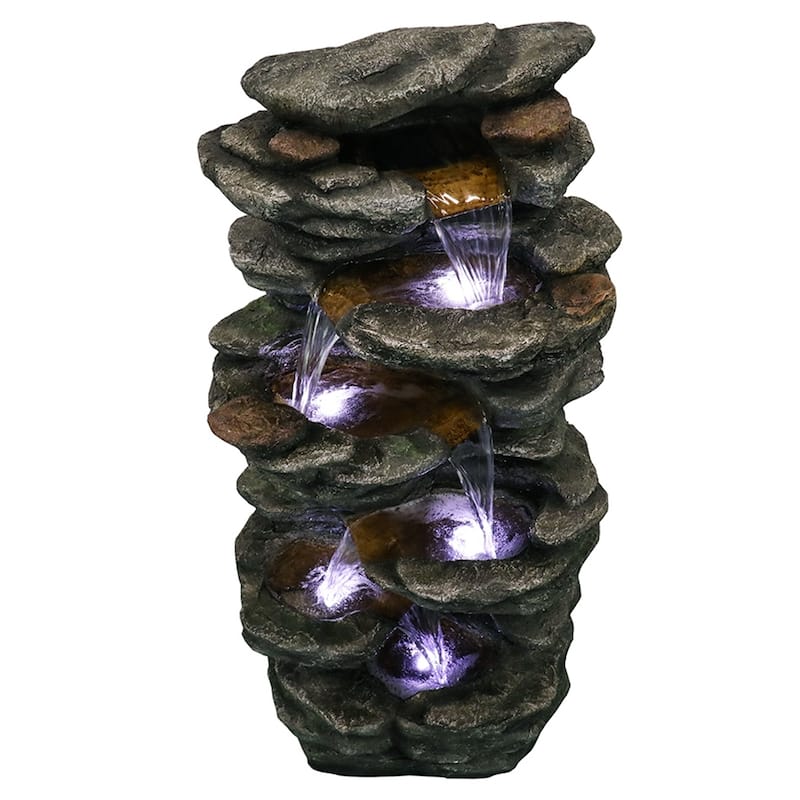 6-Tier Rock Floor Standing Water Fountain with LED Lights and Pump