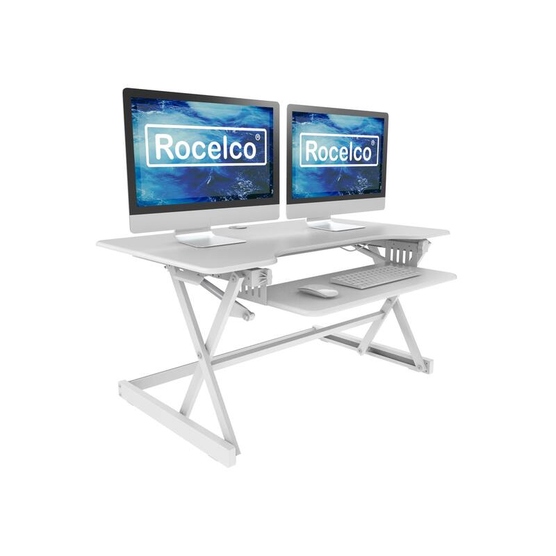 Rocelco 40 in. W White Height Adjustable Standing Desk Converter Dual Monitor Riser with Gas Spring Assist Mechanism