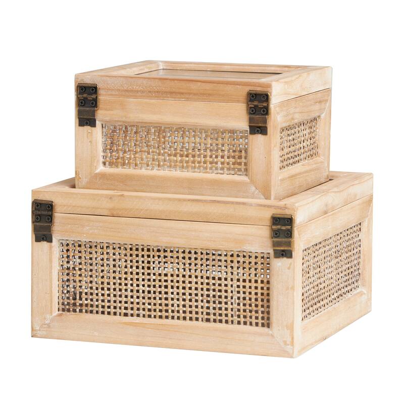 Light Brown Wood Glass Top Decorative Box with Rattan Side Panels and Bronze Hook Closures (Set of 2)