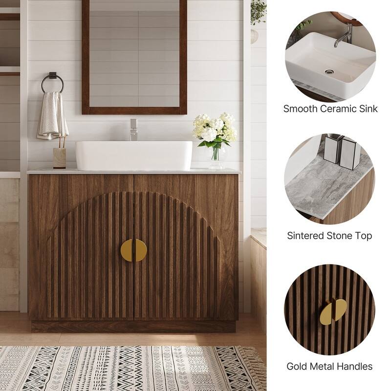 36" Mid - Century Modern Bathroom Vanity With Single Sink Grille Door & Gold Accents