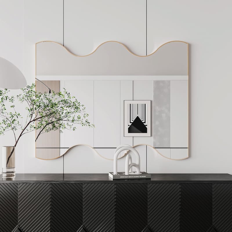 30x35 Inch Wall Mirror with Wavy Sides: Metal Framed Vanity and Dressing Mirror - Gold