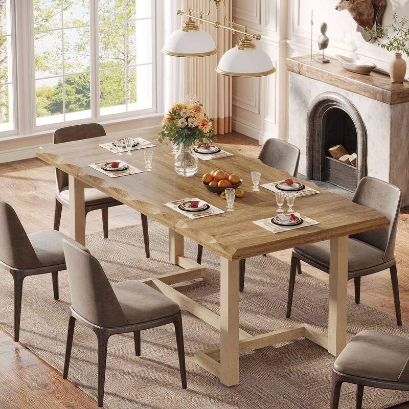 Rectangular Wood Dining Table with Solid Wood Legs, Kitchen Table for Dining/Living Room