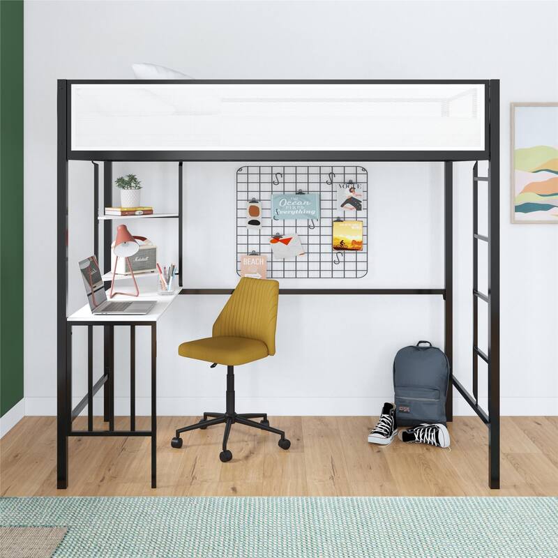 Roomfitters Axel Twin Metal Loft Bed with Desk and Shelves, Mesh Guardrails, Black and Off-White