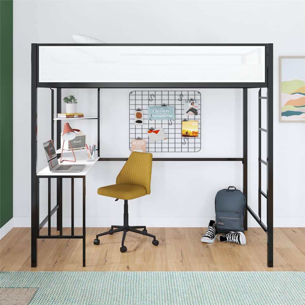 Space-Saving Twin Loft Bed with Desk and Shelves for Kids and Teens