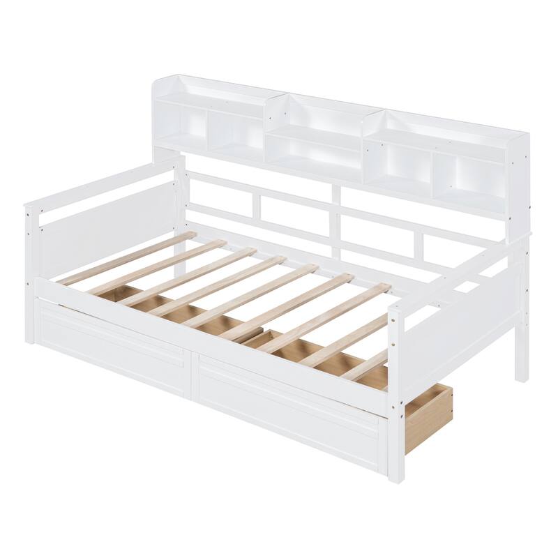 White Twin Daybed with Wood Slats, Shelves & 2 Drawers - Space-Saving Multi-Functional Furniture