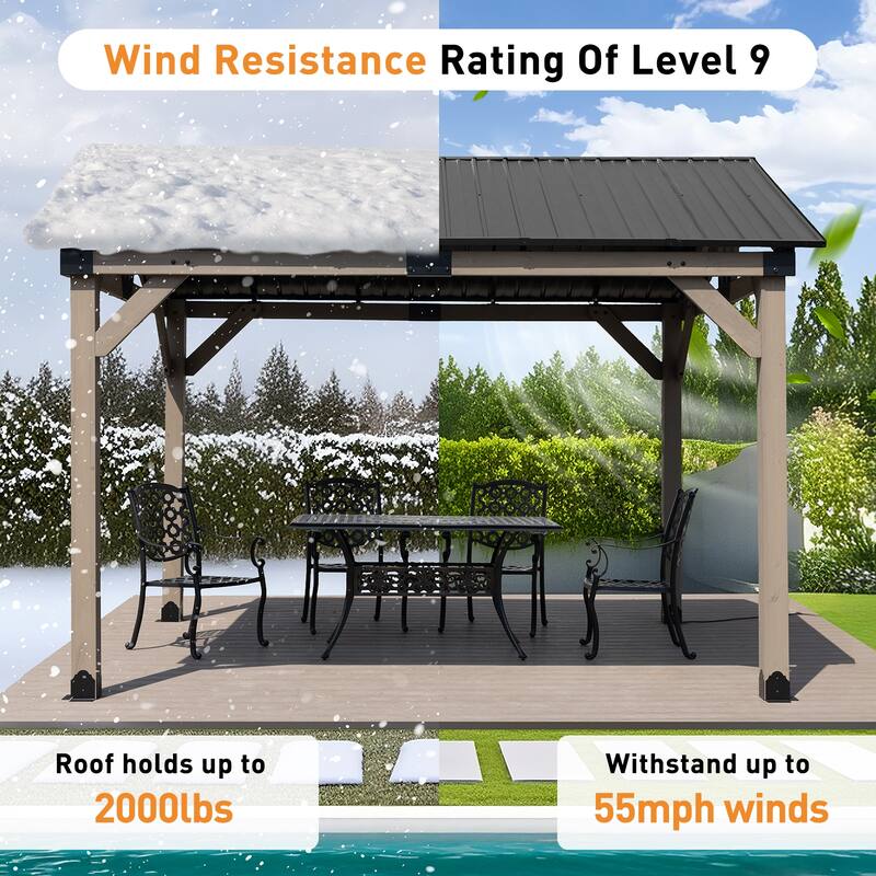Aoodor 10 x 12 ft Wooden Frame Gazebo with Galvanized Metal Hardtop Roof, Outdoor Patio Gazebo with Outlets