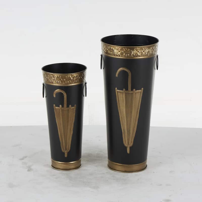 Metal Umbrella Stand with Umbrella Image and Handles - Set of 2 Brown or Black - Roche River Decor